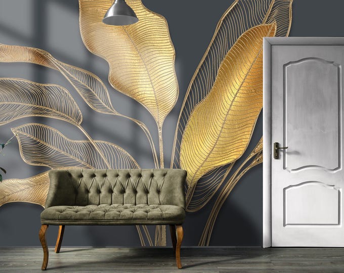 Modern Art Gold Leaf  Wallpaper Floral Wall Mural Modern Home Decor For Living Room Bedroom Entryway Cafe, Abstract Gold Nature Wall Mural