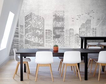 Concrete Skyline Wall Mural, Industrial Grey City Wallpaper, Custom Peel and Stick Décor for Modern Urban Loft Spaces, Custom Size Design