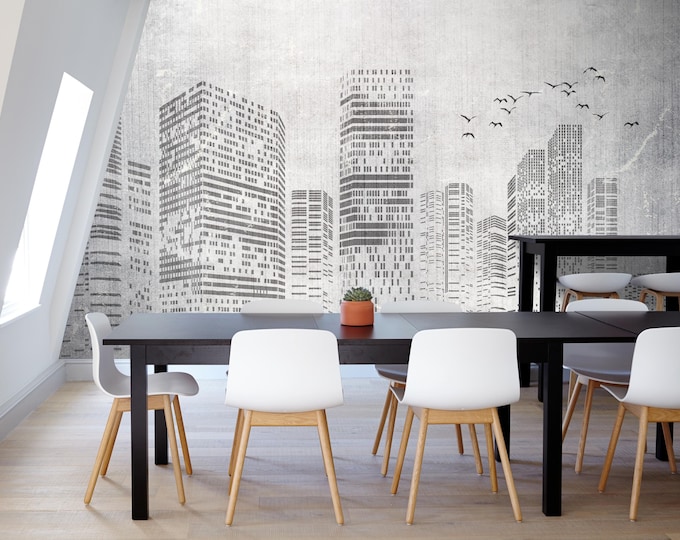 Concrete Skyline Wall Mural, Industrial Grey City Wallpaper, Custom Peel and Stick Décor for Modern Urban Loft Spaces, Custom Size Design