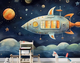 Space Theme Kids Room Wallpaper, Colorful Spacecraft, Planets, and Stars Cartoon Wall Mural, Unique Blue Nursery Decor for Baby Room