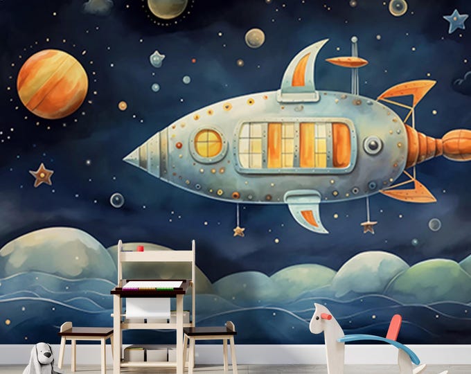 Space Theme Kids Room Wallpaper, Colorful Spacecraft, Planets, and Stars Cartoon Wall Mural, Unique Blue Nursery Decor for Baby Room