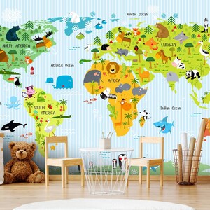 Baby Room Wallpaper, Kids World Map Wall Mural, Peel And Stick Wallpaper, Educational Animals of The World Child Room Home Decoration