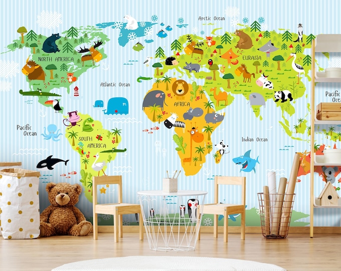 Baby Room Wallpaper, Kids World Map Wall Mural, Peel And Stick Wallpaper, Educational Animals of The World Child Room Home Decoration