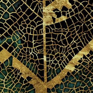 Puede incluir: Impresi&oacute;n de arte abstracto con un dise&ntilde;o de hoja de oro sobre fondo negro y acentos verdes.