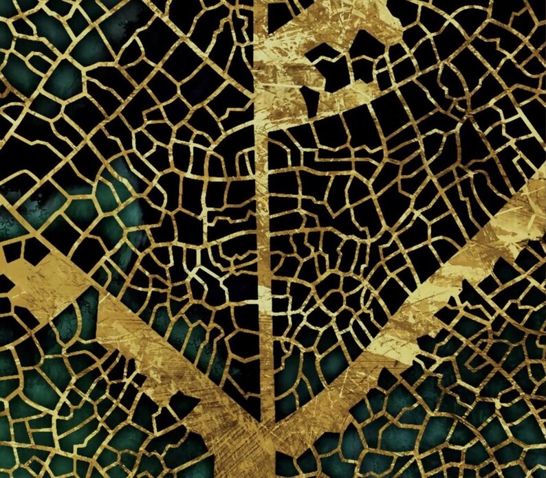 Puede incluir: Impresi&oacute;n de arte abstracto con un dise&ntilde;o de hoja de oro sobre fondo negro y acentos verdes.