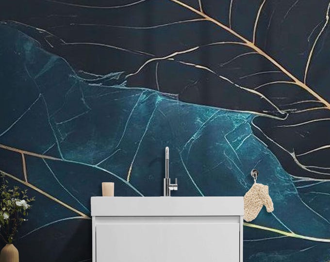 Abstract Leaf Marble Wallpaper – Peel And Stick Dark Blue and Gold Vein Botanical Wall Mural , Modern Accent Wall, or Artistic Interiors