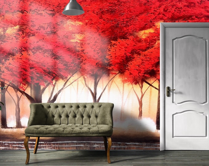 Red Forest Wall Mural, Bold Autumn Trees Wallpaper, Painterly Landscape Peel and Stick Wall Art for Office, Living Room or Studio Accent