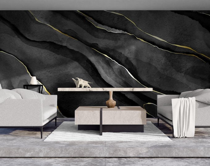 Black Marble Style Wallpaper Wall Mural, Natural Stone Mural with Gold Shades, Peel and Stick Wallpaper for Bedroom, Living Room, Entryway