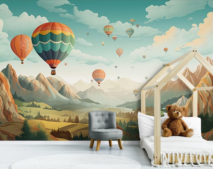 Air Balloons and Mountains Child Room Wallpaper, Colorful Sky and Clouds Nursery Peel And Stick Wall Mural Child and Baby Room Wall