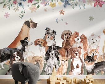 Dog friends Children Wallpaper, Colorful Self Adhesive Peel and Stick or Traditional Wall Murals, Pet Owner Wall Decals, Nursery Wall Mural