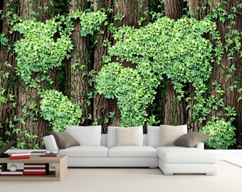 Floral World Map Wallpaper Green Leaves  Wall Mural Modern Home Decor For Living Room Bedroom Entryway Cafe (WM11)