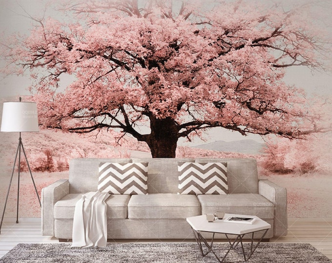 Pink Tree Wallpaper, Floral Nature Wall Mural, Removable Peel and Stick Wallpaper,  Modern Home Decoration, Stylish Wall Art