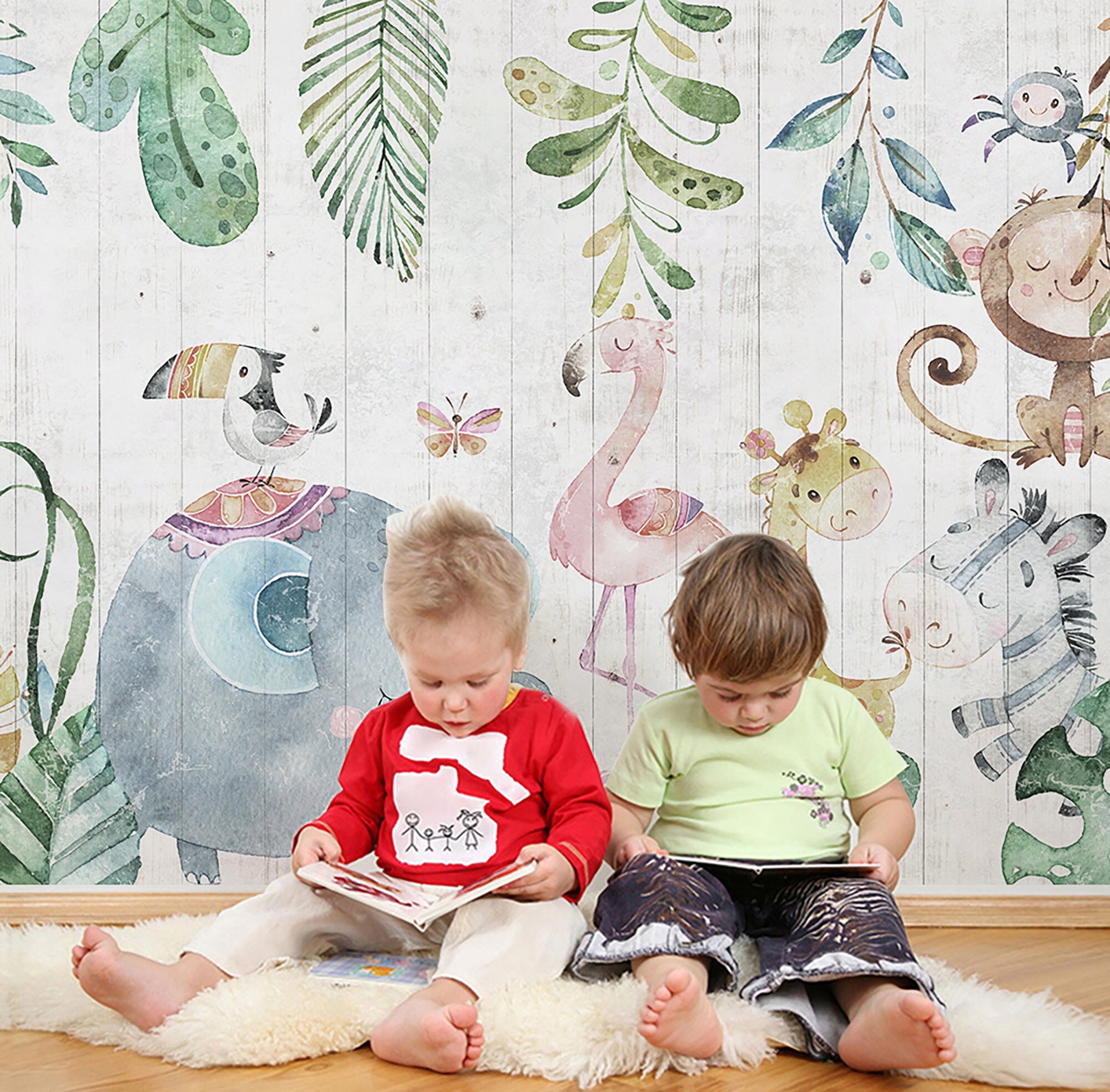 Child Room Wallpaper, Nursery Floral and Animal Wall Mural, Elephant