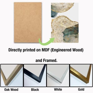 Puede incluir: Una impresi&oacute;n enmarcada de un dise&ntilde;o abstracto con colores dorados y azules sobre un fondo blanco. La impresi&oacute;n se imprime directamente en MDF (madera de ingenier&iacute;a) y est&aacute; disponible en una variedad de colores de marco: madera de roble, negro, blanco y dorado.