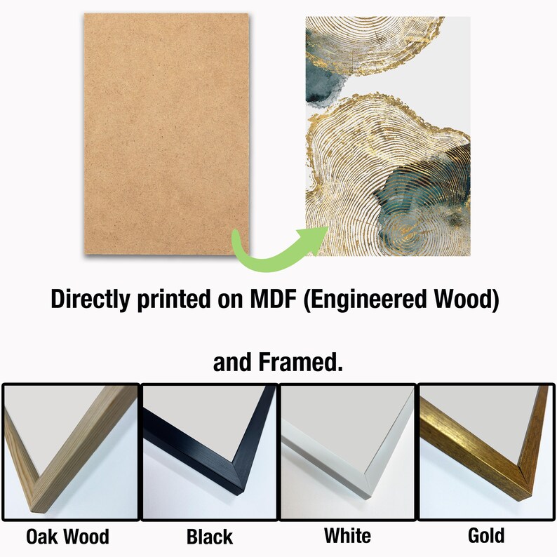 Puede incluir: Una impresi&oacute;n enmarcada de un dise&ntilde;o abstracto con colores dorados y azules sobre un fondo blanco. La impresi&oacute;n se imprime directamente en MDF (madera de ingenier&iacute;a) y est&aacute; disponible en una variedad de colores de marco: madera de roble, negro, blanco y dorado.