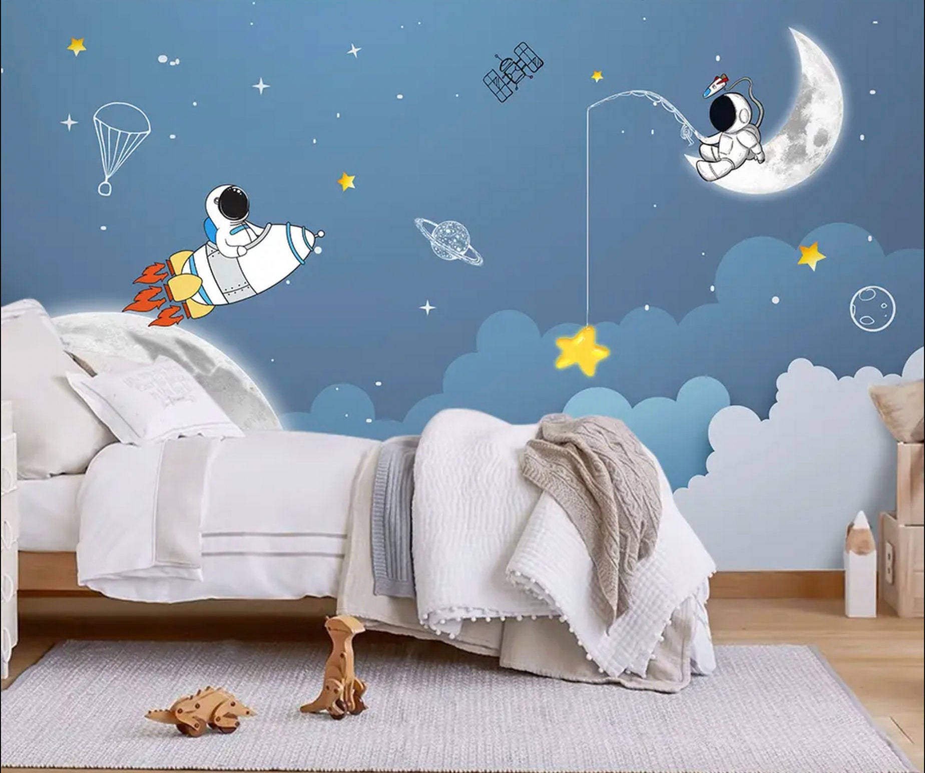 Space Child Room Wallpaper, Astronaut and Rocket in Space Wall Mural