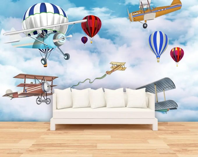 Airplane and Baloon Wallpaper Kids Room Cartoon  Wallpaper Mural Wallpaper