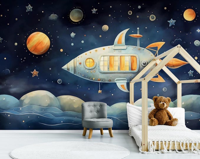 Space Theme Child Room Wallpaper, Spacecraft in Planet and Stars Cartoon Colorful Wallpaper, Unique Blue Baby Room or Nursery Wall Mural