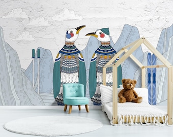 Penguin Mountain Kids Wall Mural – Peel & Stick Removable Wallpaper, Nursery Wall Decor, Large Modern Illustration, Self‑Adhesive Fabric