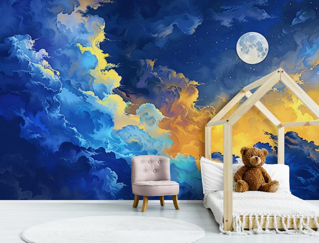 Blue Sky and Moon Child Room Wallpaper, Abstract Midnight Nursery Wall ...