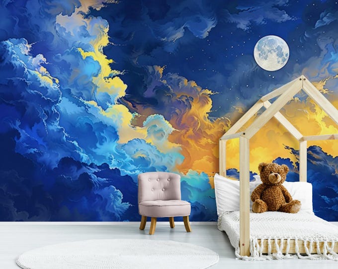 Blue Sky and Moon Child Room Wallpaper, Abstract Midnight Nursery Wall Mural, Baby Room Colorful Peel and Stick Space Theme Decal