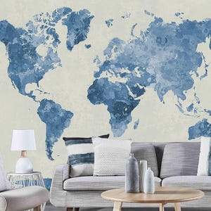 Abstract Blue World Map Peel and Stick Wallpaper Mural, Self Adhesive   Wallpaper Mural For Living Room Bedroom Entryway Cafe
