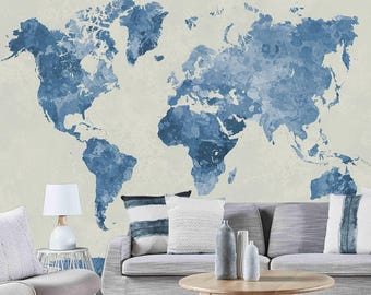 Abstract Blue World Map Peel and Stick Wallpaper Mural, Self Adhesive   Wallpaper Mural For Living Room Bedroom Entryway Cafe