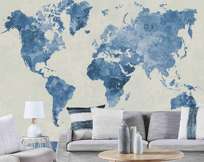 Abstract Blue World Map Peel and Stick Wallpaper Mural, Self Adhesive   Wallpaper Mural For Living Room Bedroom Entryway Cafe
