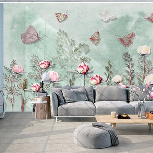 Butterfly Floral Wall Mural Flowers Wallpaper Modern Home Decor for ...