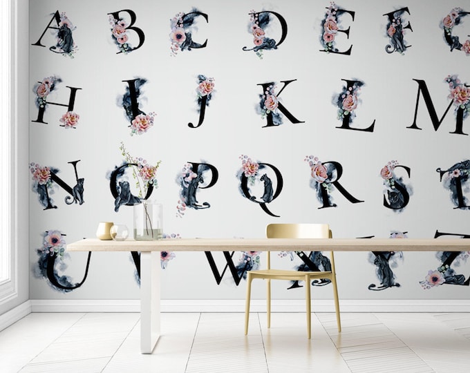 Cat Alphabet Wallpaper Mural – Black Cat Letters with Watercolor Floral Accents – Whimsical Wall Art for Kids Room, Nursery or Study Area