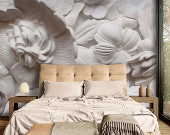Big Flowers Wallpaper Wall Mural for Living Room, Bedroom or Bathroom, Elegant 3D Effect Beige Wallpaper Design, Peel and Stick