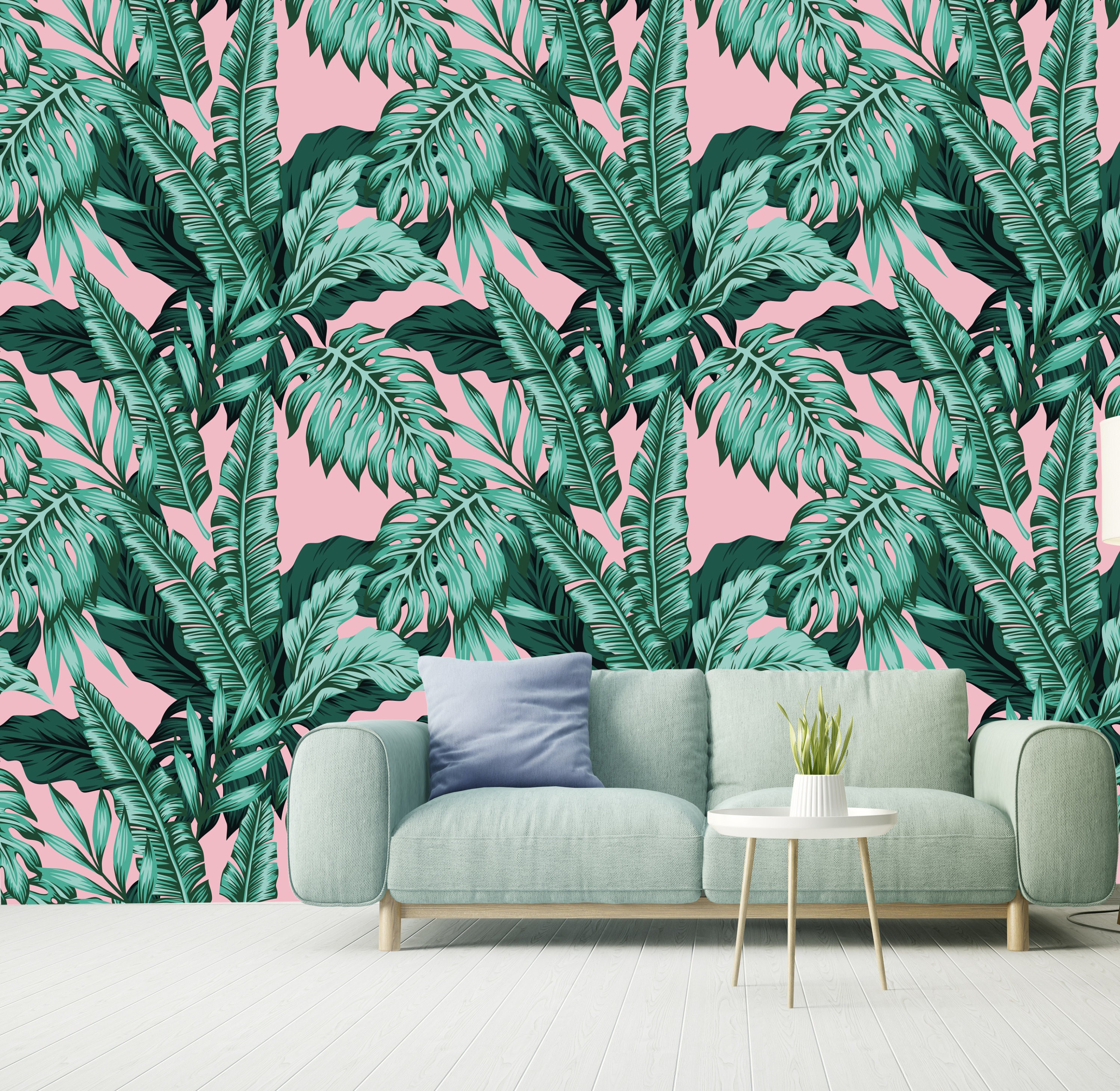 Floral Wall Mural Jungle Wall Paper Green and Pink Modern Home Decor