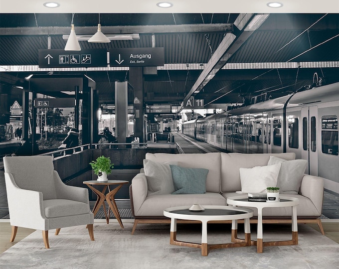 Train Station City Wallpaper, Modern Wall Mural for Livingroom, Cafe, Entryway and Bedroom