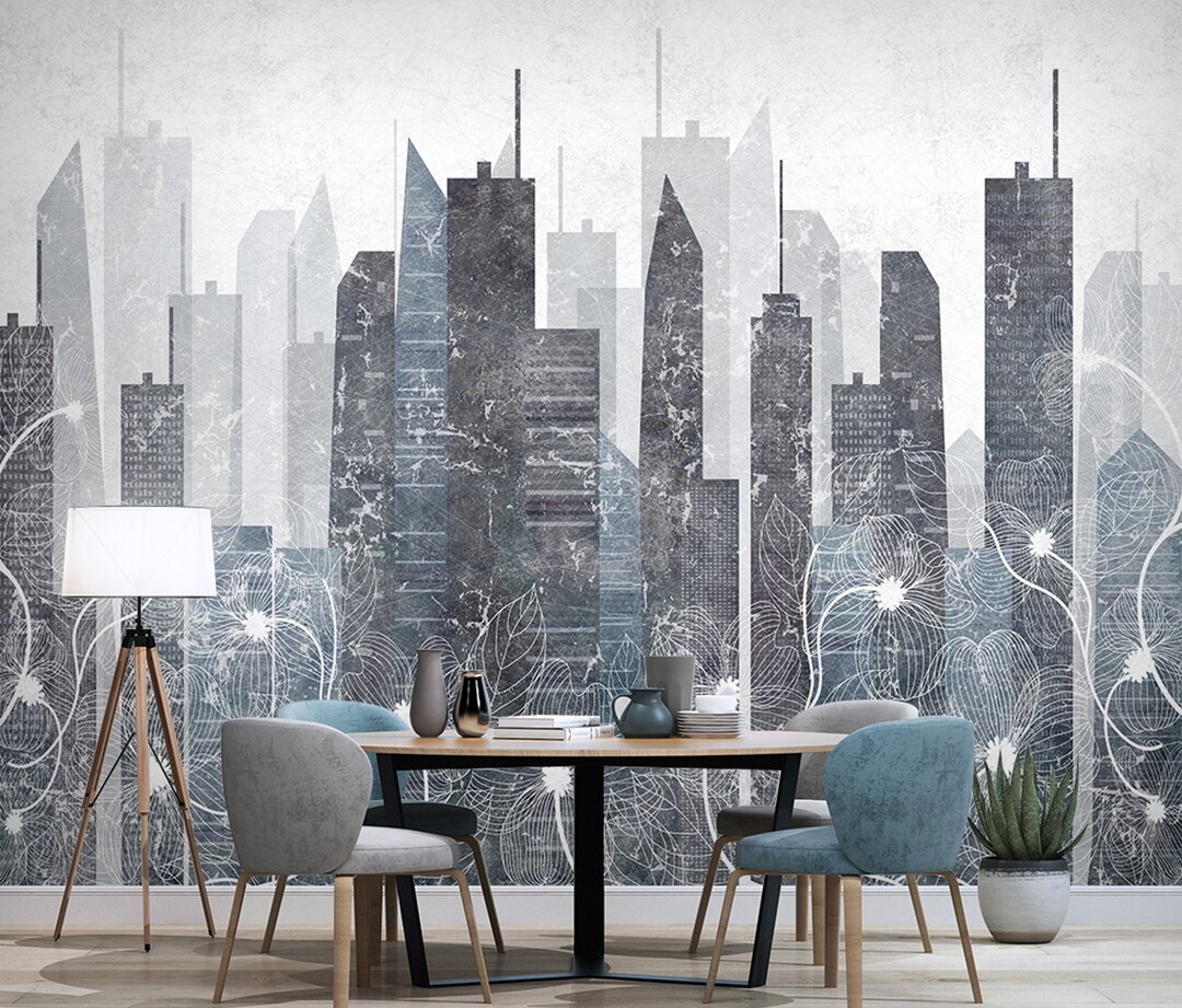 City Buildings Wallpaper, Modern Downtown Wall Mural for Living Room ... - Textured Wallpaper For Contemporary City Apartments
