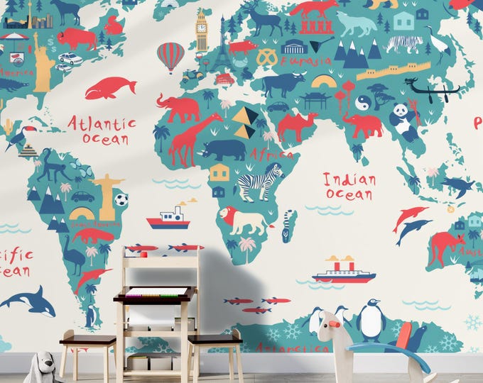 World Map Mural for Kids Room, Green White Child Room Educational Wallpaper, Animal and Famous Places Decor, Peel And Stick
