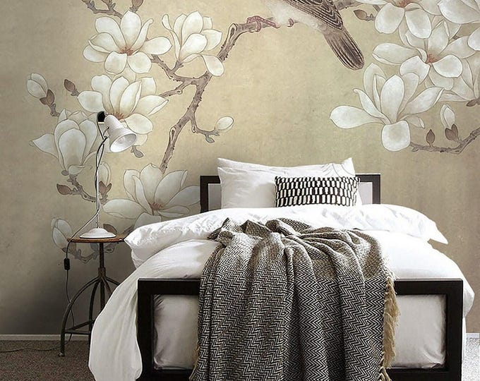 Birds Magnolia Flowers Wallpaper, Wall Mural For Bedroom, Beautiful Wedding Room Wallpaper with Birds, Floral Wall Mural