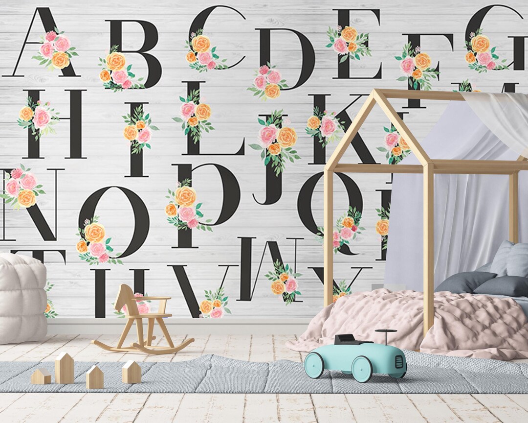 ABC Educational Children's Room Wallpaper With Floral Design – Colorful ...