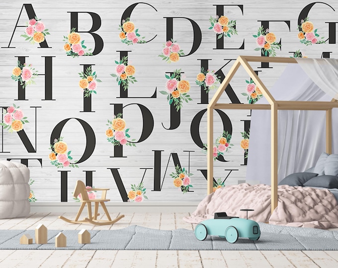ABC Educational Children's Room Wallpaper with Floral Design – Colorful Self-Adhesive Peel Stick or Traditional Nursery Wall Mural for Girls