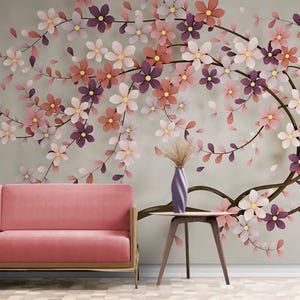 Colorful Floral Wallpaper Mural, Flower Wall Mural, Botanical Wallpaper, Removable Peel and Stick or Traditional Wallpaper