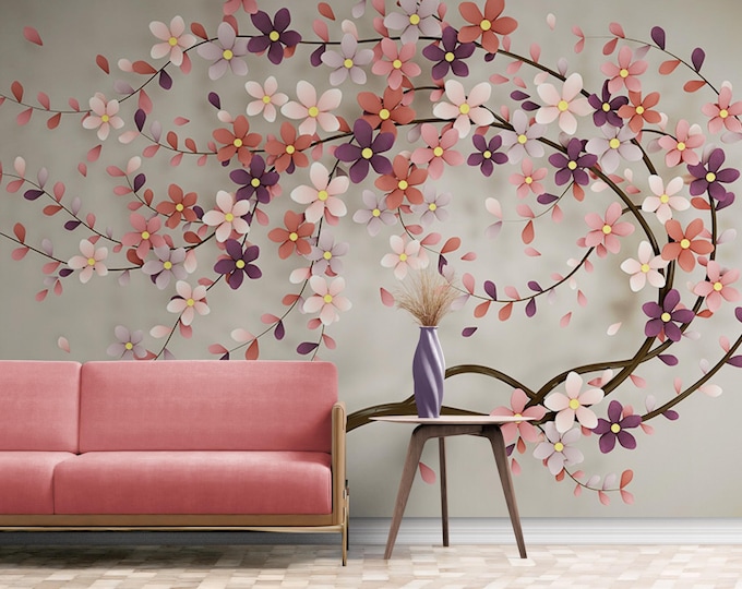Colorful Floral Wallpaper Mural, Flower Wall Mural, Botanical Wallpaper, Removable Peel and Stick or Traditional Wallpaper