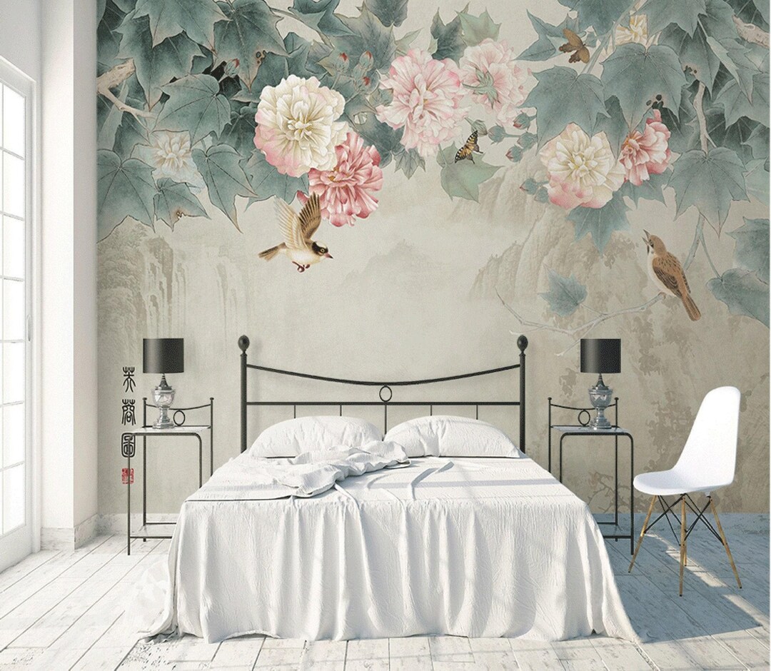 Hibiscus Flower and Bird Wallpaper Floral Wall Mural Modern Home Decor ...