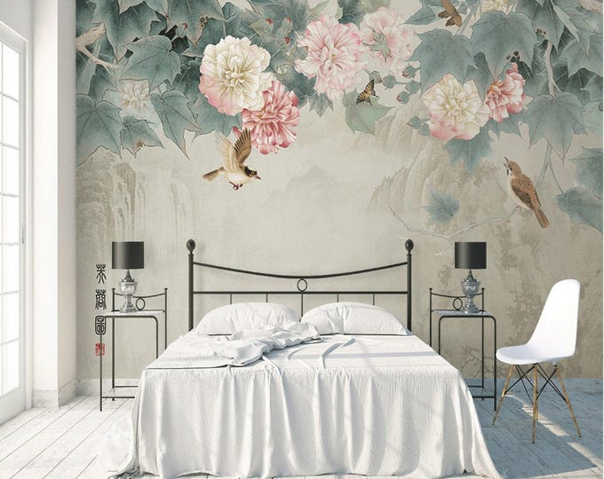 Hibiscus Flower and Bird  Wallpaper Floral Wall Mural Modern Home Decor For Living Room Bedroom Entryway Cafe (FL68)