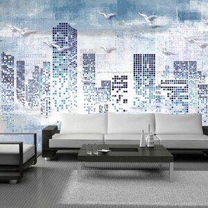 Mural de pared moderno con mosaico urbano: horizonte azul con pájaros, papel tapiz autoadhesivo urbano, vinilo removible para sala de estar u oficina. imagen 6