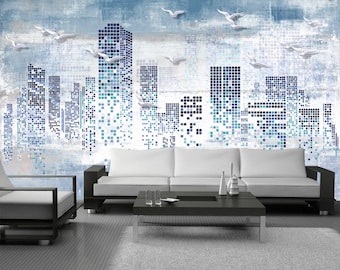 Pixel Skyline Wallpaper – Blue Mosaic Cityscape Wall Mural with Flying Birds, Modern Urban Art, Peel & Stick Removable Vinyl for Home Decor