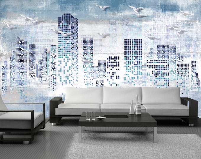 Pixel Skyline Wallpaper – Blue Mosaic Cityscape Wall Mural with Flying Birds, Modern Urban Art, Peel & Stick Removable Vinyl for Home Decor