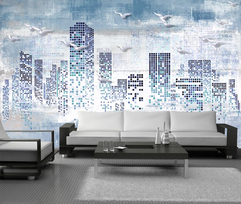 Mural de pared moderno con mosaico urbano: horizonte azul con pájaros, papel tapiz autoadhesivo urbano, vinilo removible para sala de estar u oficina. imagen 6