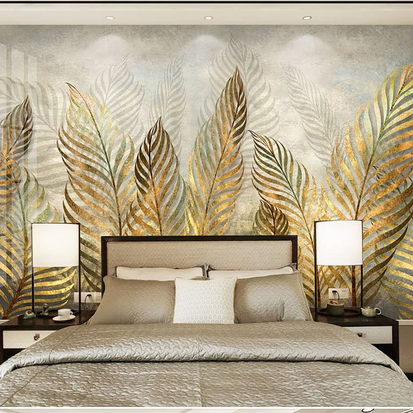 Modern Art Gold Leaf  Wallpaper Floral Wall Mural Modern Home Decor For Living Room Bedroom Entryway Cafe (FL88)