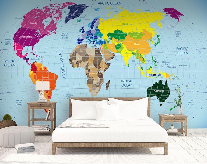 World Map Wallpaper Wall Mural Home Decor For Living Room Bedroom Entryway Cafe (WM33)