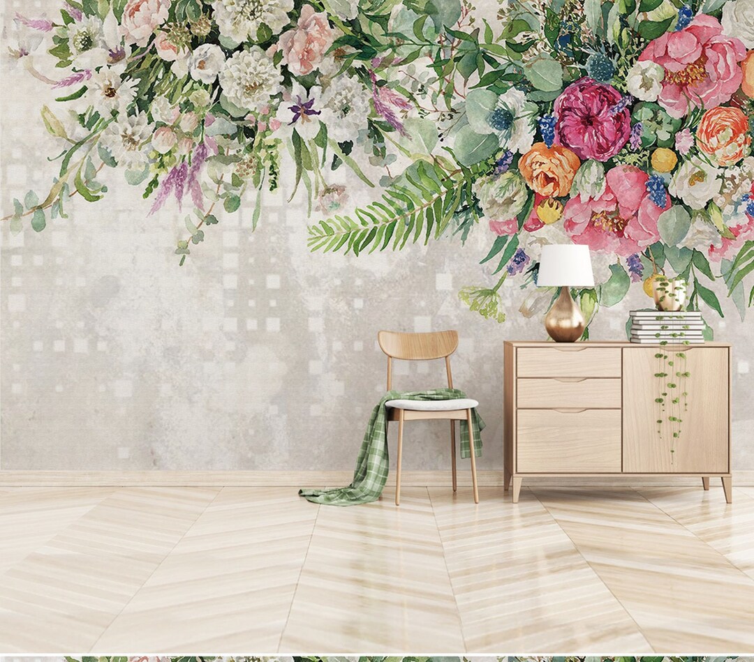 Floral Wall Mural, Flowers Wallpaper Modern Home Decor for Living Room ...