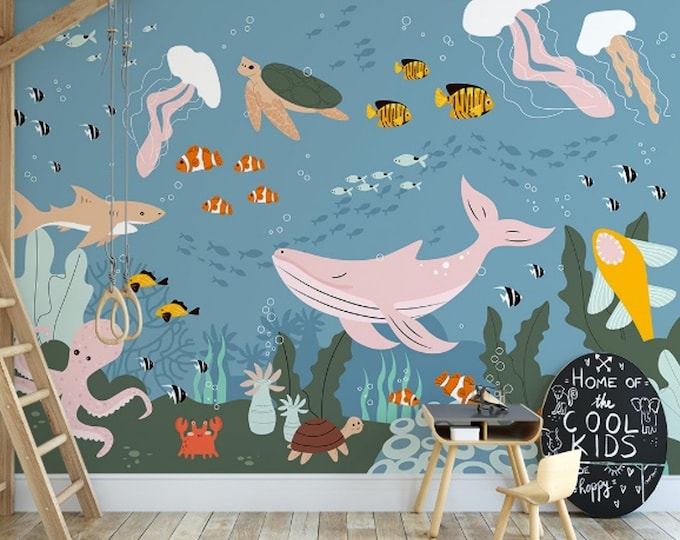 Ocean Adventure Nursery Wallpaper Mural with Playful Sharks, Whales, Turtles, and Octopus - Peel and Stick  Kids Room Decor